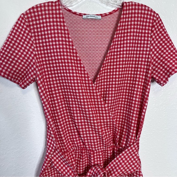 Zara Women Red White Medium Waist Tie Gingham Romper Shorts Playsuit V Neck Red - Picture 3 of 9